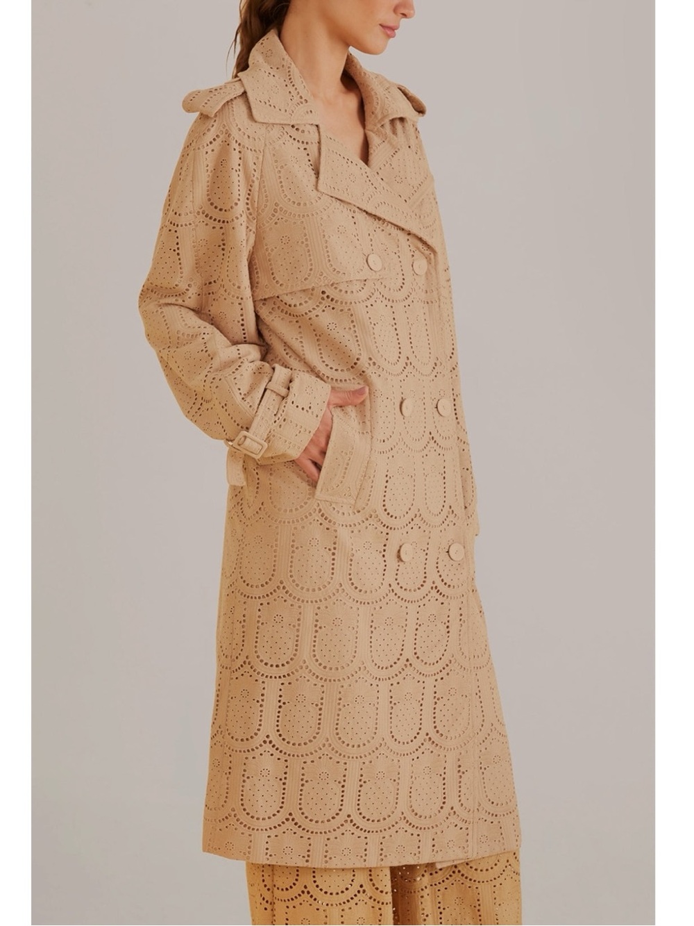 Farm Rio Khaki Pineapple Cotton Eyelet Trench Coat Size Large Neutral Bohemian - Picture 5 of 13